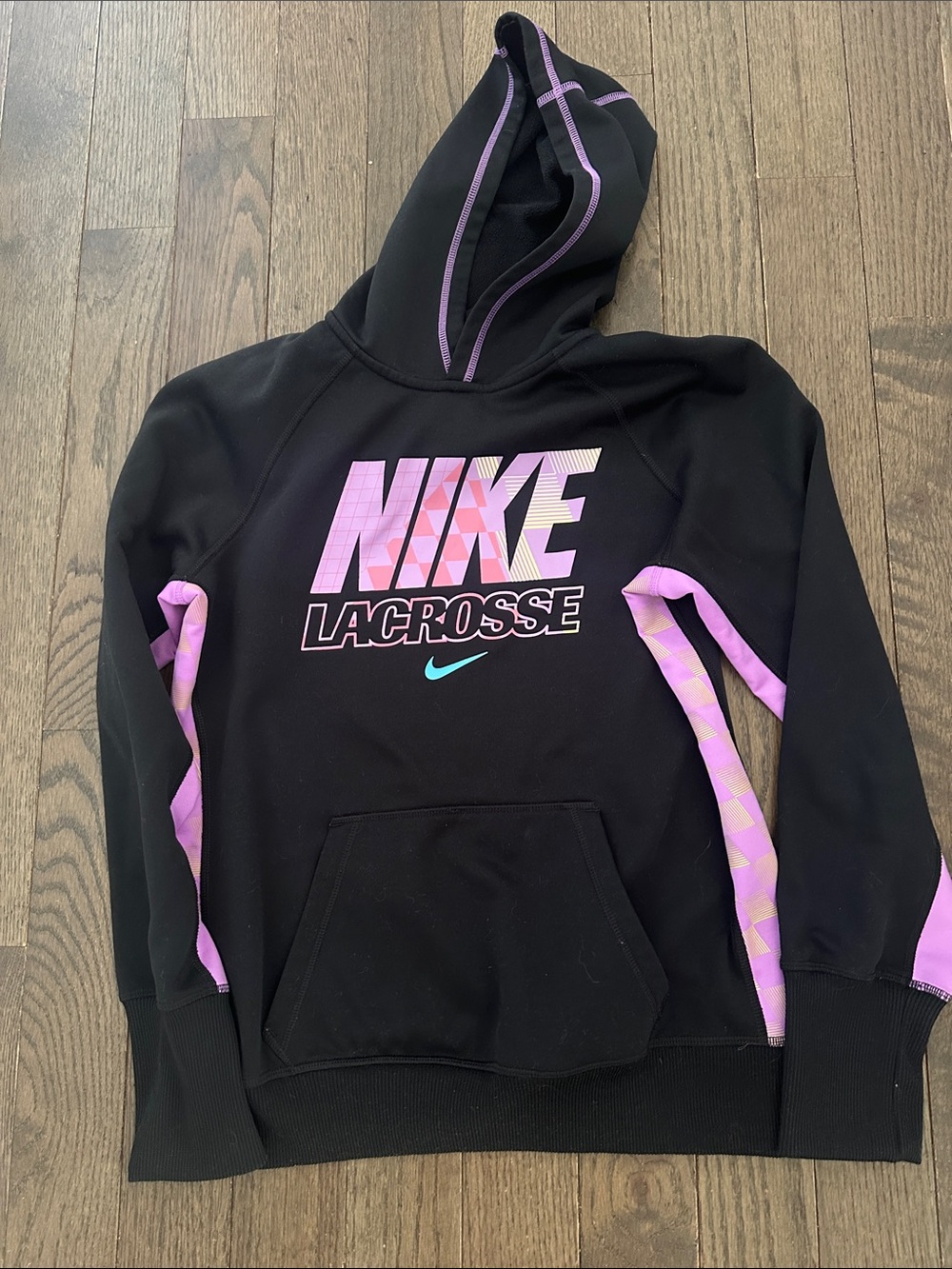 Nike Black Lacrosse Hoodie with Light Purple Accents and Teal Swoosh